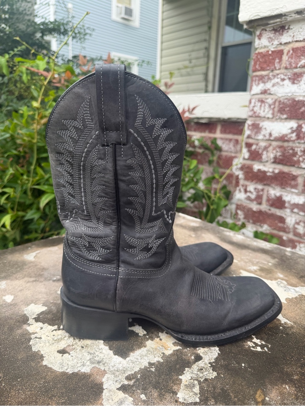 JB DILLON Reserve Black Leather Square Toe Cowboy Boots Sz 7.5B Gray Embroidery - Picture 5 of 16
